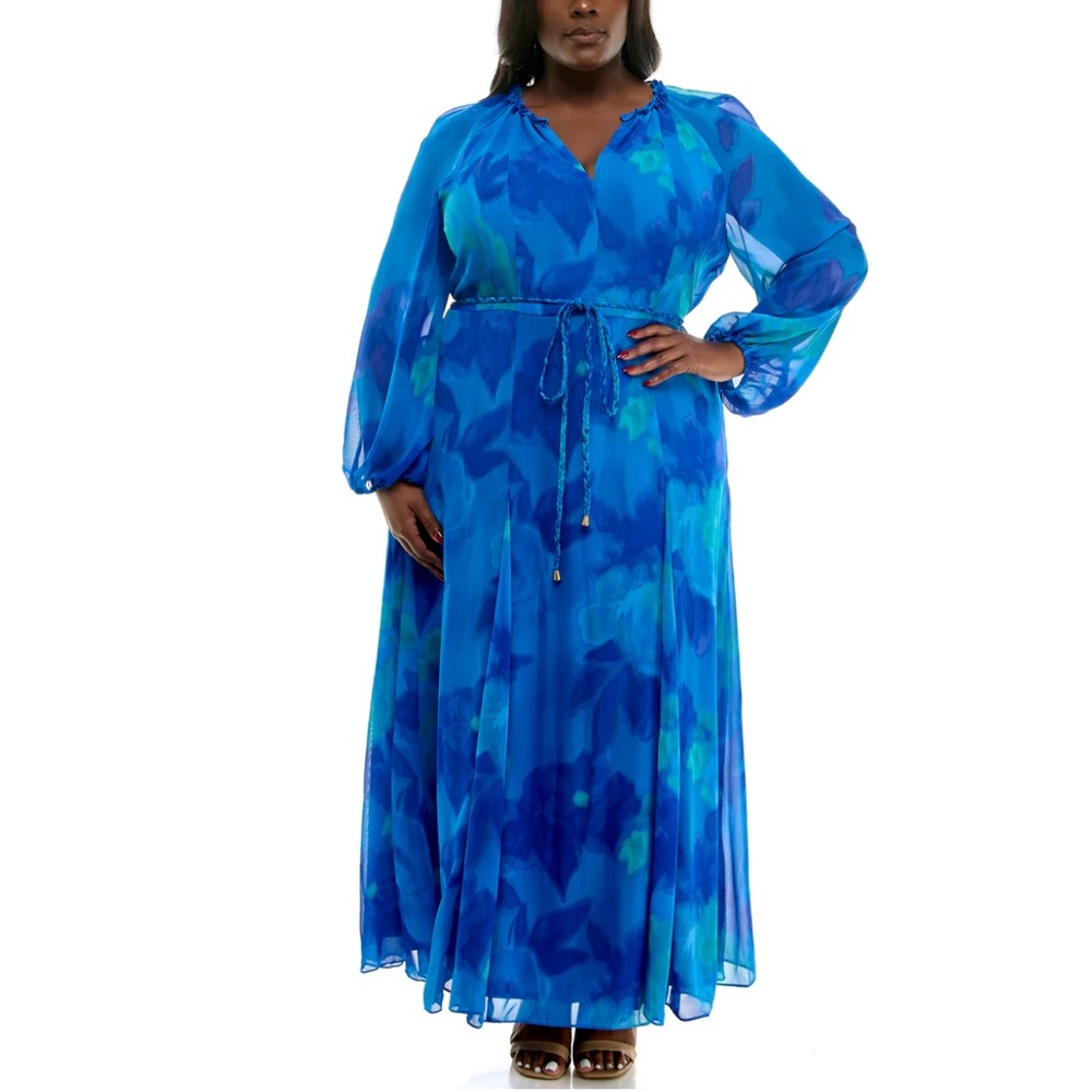 TAYLOR RUFFLED COLLAR LONG SLEEVE FADED FLORAL PRINT CURVE MAXI DRESS 20